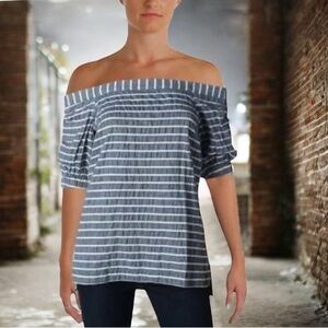 Lauren Ralph Lauren Top Womens S Blue Stripe Off Shoulder Textured Linen Blend M